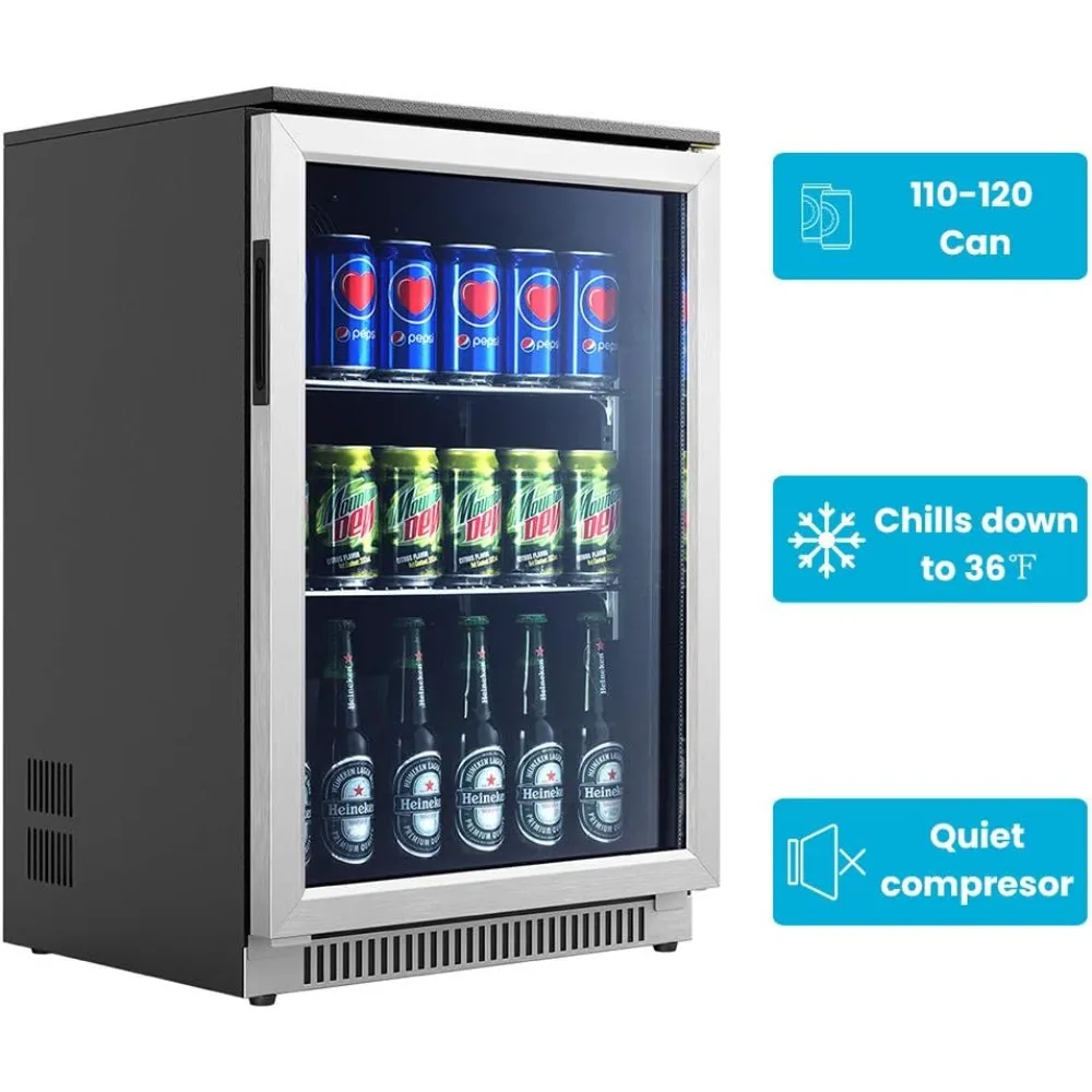 20IN Beverage Refrigerator with Glass Door-120 Can Built in Under Counter Fridge & Freestanding,Ideal for Soda,Beer Drink Cooler