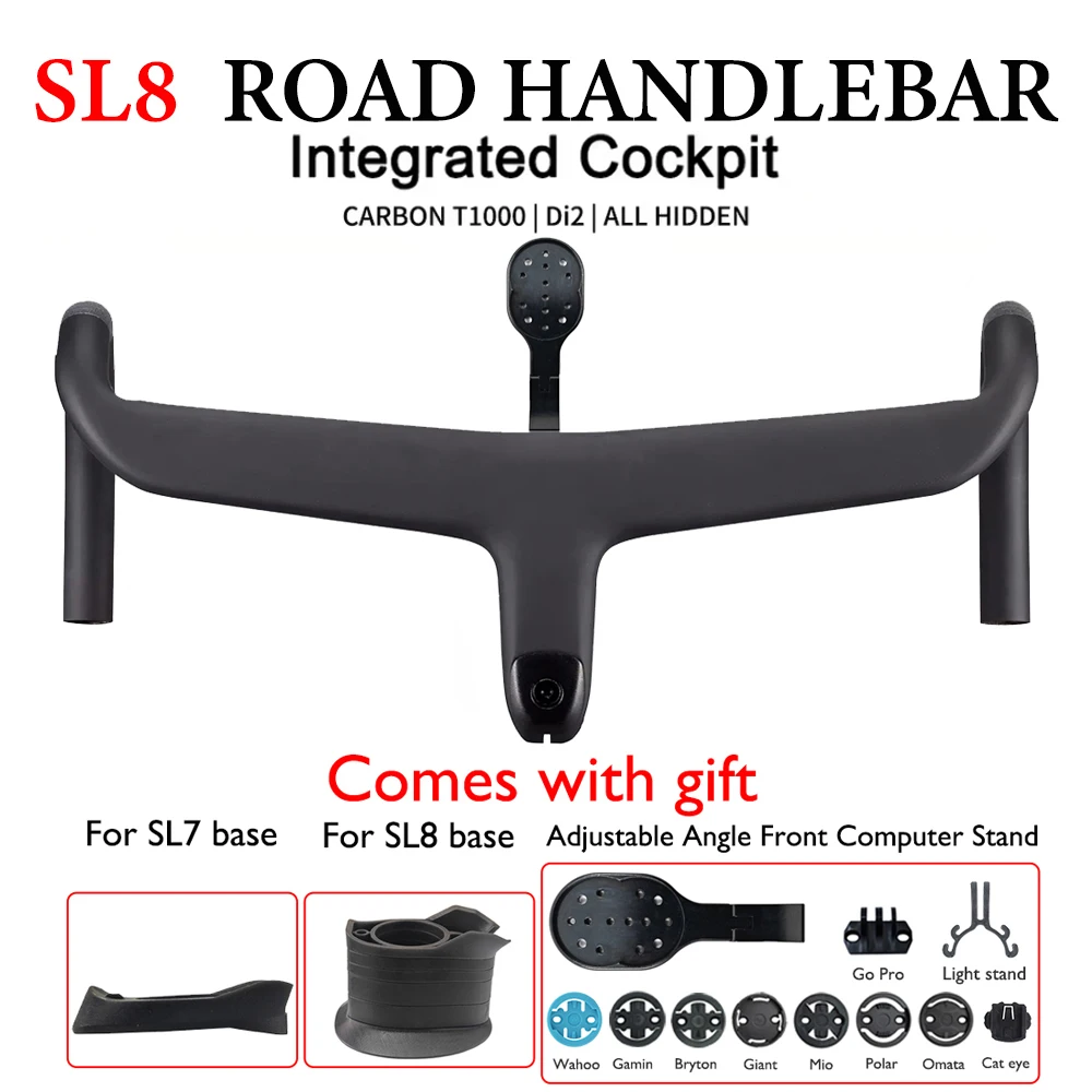 SL8 road carbon handlebar, integrated drop handlebar, internal cable routing, 28.6mm, Di2, with computer bracket/mounting spacer