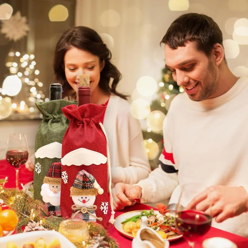 حقيبة زجاجات النبيذ الخيش القابلة لإعادة الاستخدام، تصميم رجل الثلج سانتا الرنة لعيد الميلاد، مثالية لحفلات العطلات وحفلات الزفاف وأعياد الميلاد