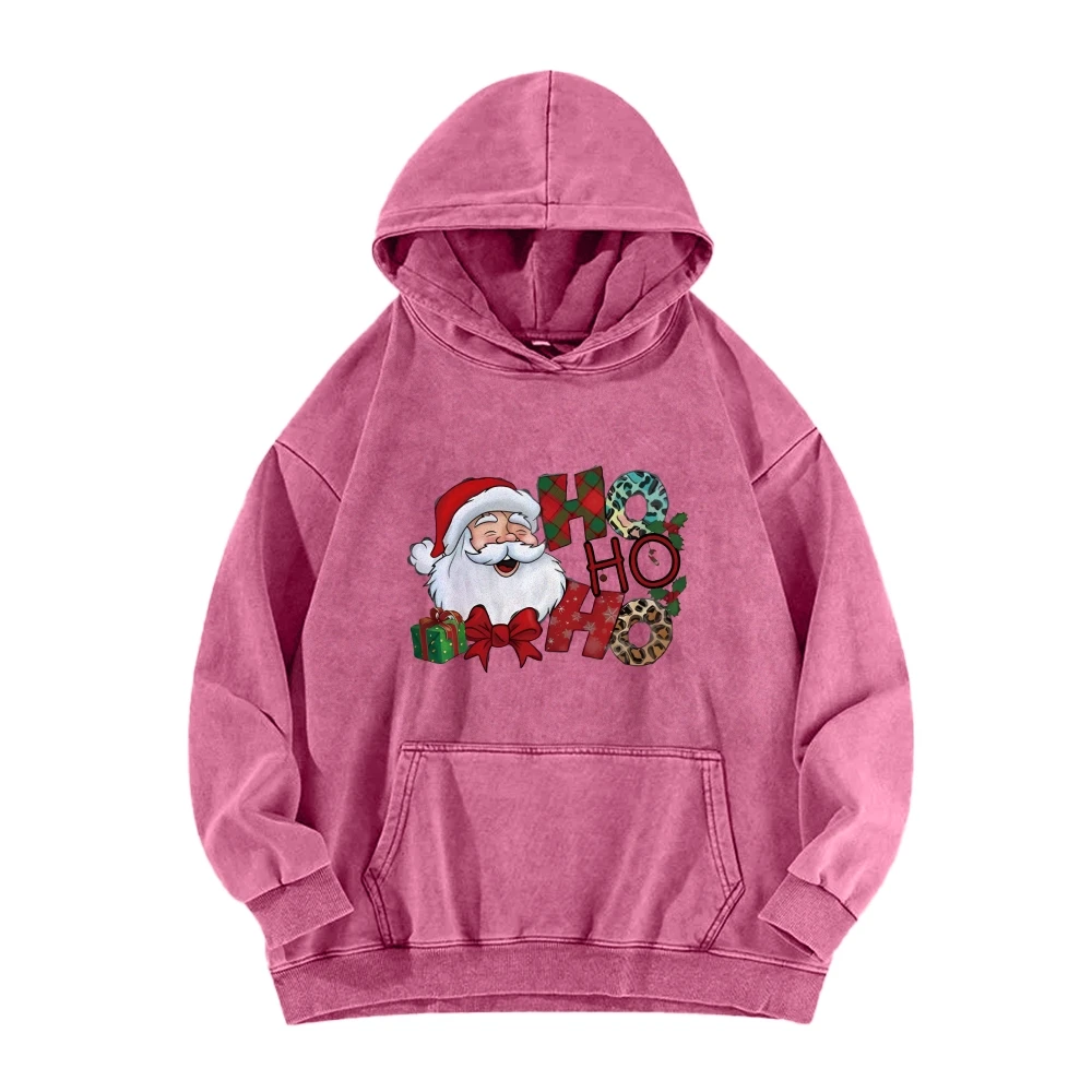 

Cute Cheerful Santa Claus Cartoon Festive Casual Washed Hoodie Greeting HO HO Christmas Gift Sweatshirt Women's Chic Sweater