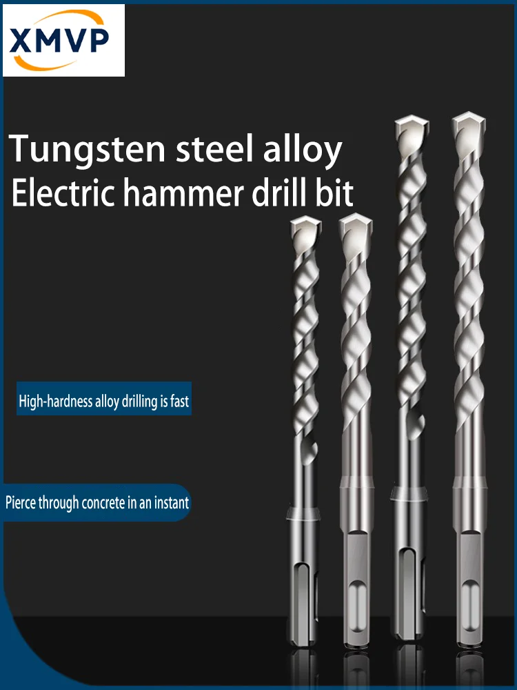 

Round-handled impact drill bit for extended concrete, cement and stone drilling, square-handled electric hammer for four-pit wal