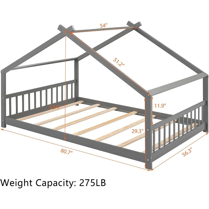 Floor Bed Full Size, Full Floor Bed Frame with Headboard, Footboard and Slats, Wood Bed with Slats/House Floor Bed,Gray