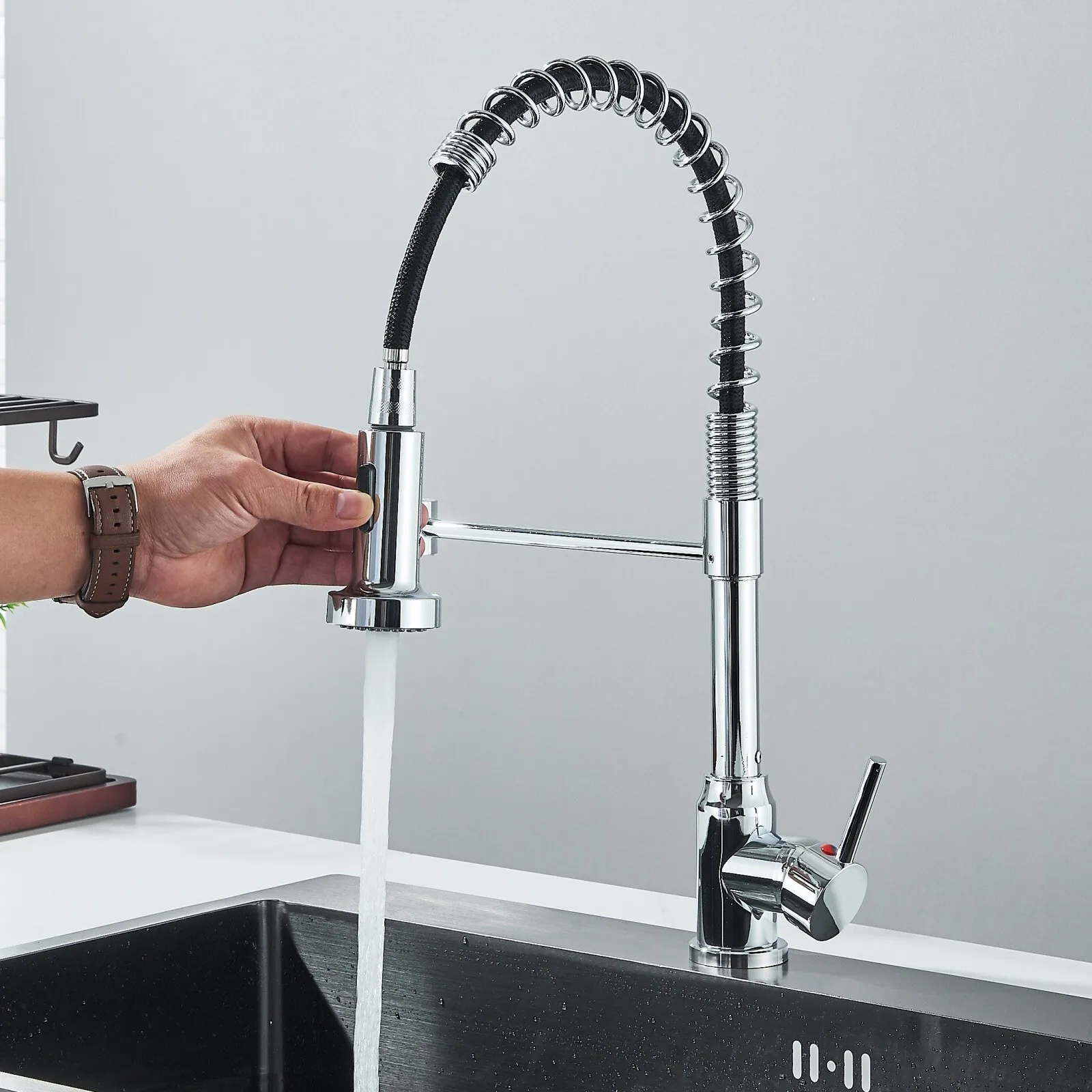 

Chrome Spring Kitchen Sink Faucet 360° Swivel Pull Down Sprayer 1 Hole Mixer Tap