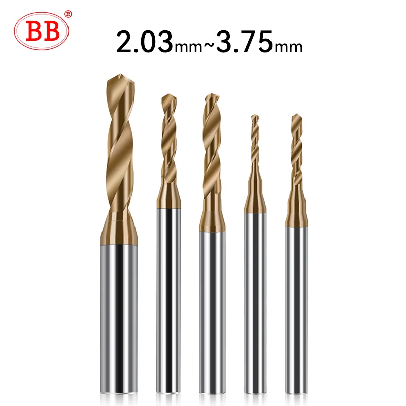 Mini taladro BB de 2,03-3,75mm, broca de carburo sólido recubierto, perforación de agujeros de Metal, hierro y acero, 3xD, longitud de corte D =
