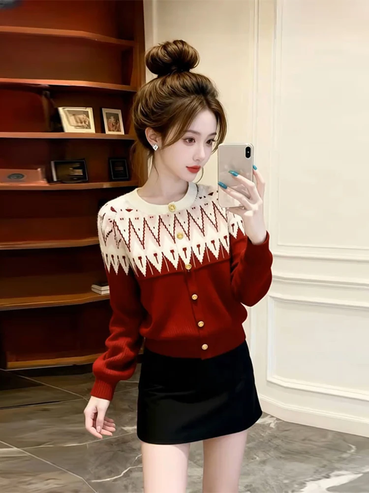 

Unique Beautiful Red Knitted Sweater Women's Winter Faion High End Color Blo Loose Fit Casual Sle Long Sve Top