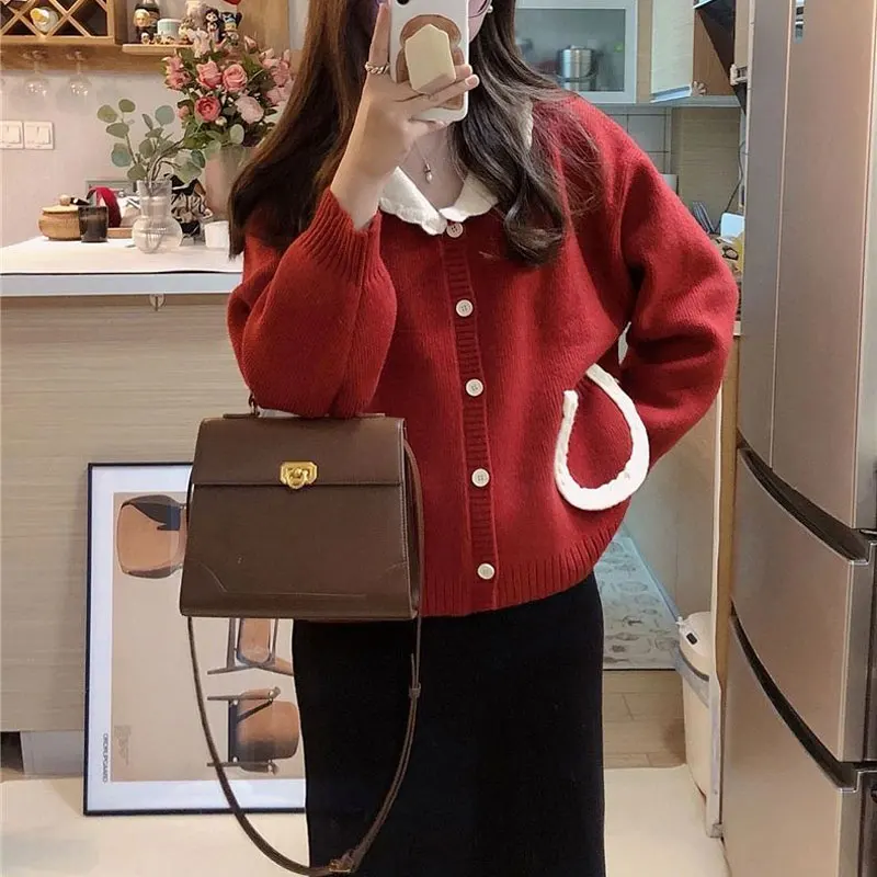 Autumn Winter Vintage Red Sweaters Loose V-Neck Women's Clothing Pockets Spliced Gentle Korean Single-breasted Knitted Cardigan