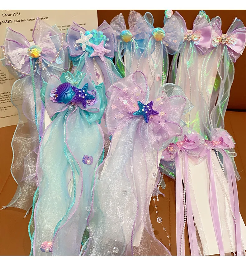 

Toddler Girls Mermaid Bow Hairpin Children Shell Pearl Super Fairy Tassel Streamer Hairpin Girl Ariel Cosplay Hair Accessories