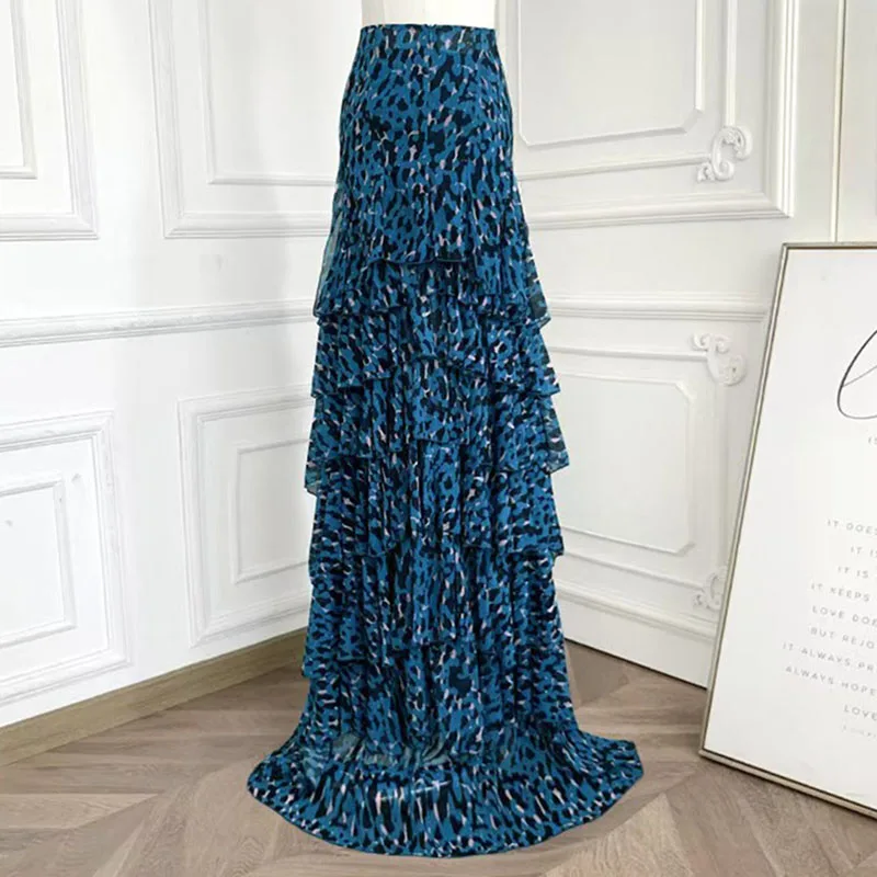 Women's skirt New high waisted slim fit long dress for spring 2026 Stacked ruffle edge printed floor skirt women's half skirt
