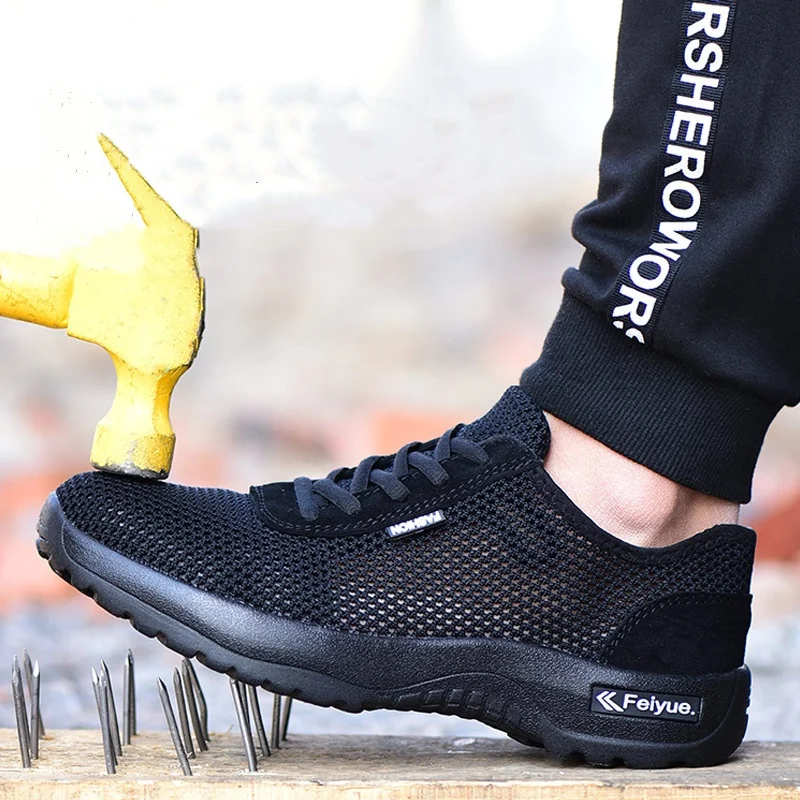 men casual breathable steel toe covers work safety shoes air mesh summer worker boots black safe sneakers protective footwear