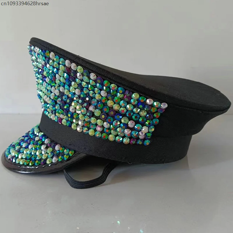 Cappello militare con strass scintillanti con paillettes Novità Cappello da sergente lucido Berretto da capitano Cappellino piatto da carnevale per feste Berretto da prestazione