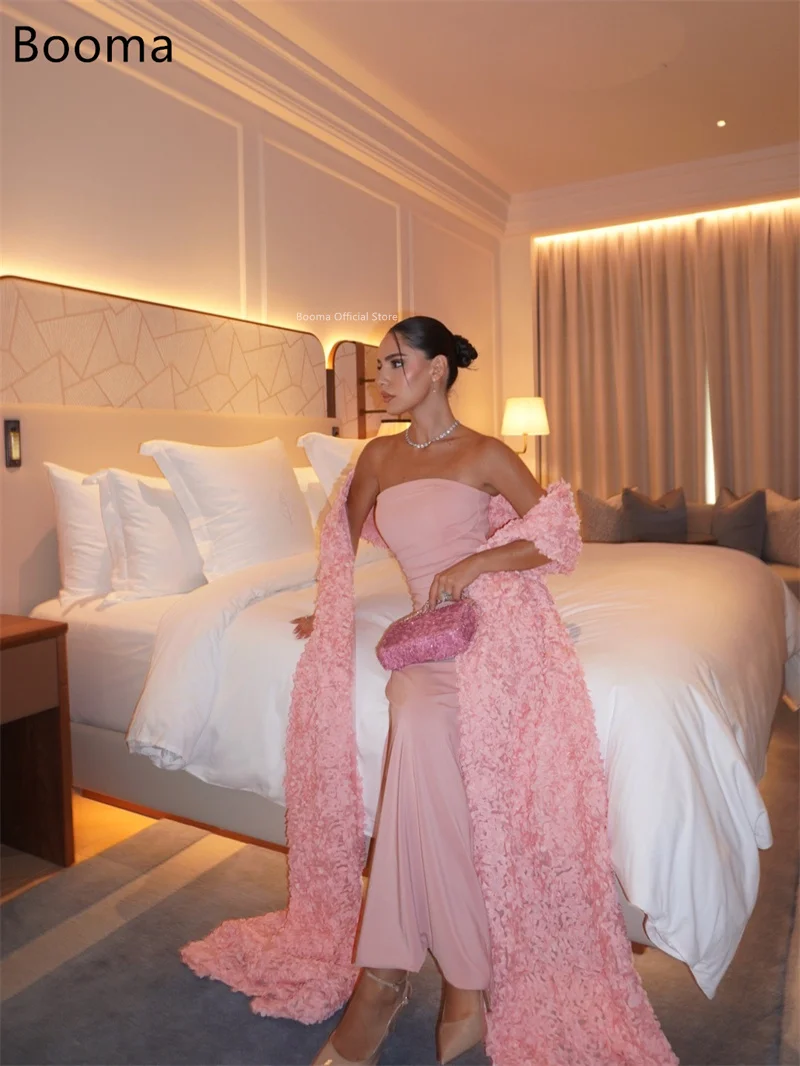 Booma حورية البحر بدون حمالات وردي فساتين لحضور الحفلات الموسيقية فساتين رسمية للنساء شال زهور بدون أكمام فستان سهرة مخصص 2025