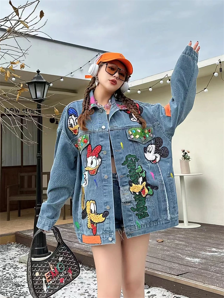 New Top Denim Jacket Fashion Sweet Cartoon Diamond Embroidery 2023 Autumn Clothing Loose Washed-out Jeans Coat Outwear