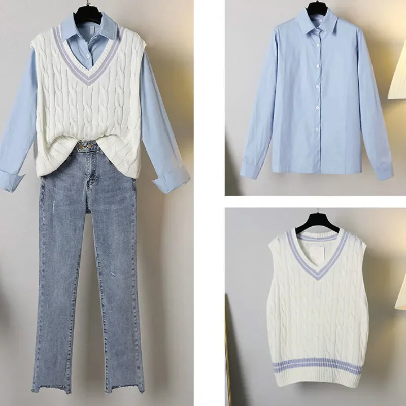 

Женские комплекты, однотонная повседневная рубашка, лоскутный вязаный жилет, комплект из 2 предметов, студенческие модные простые универсальные прямые джинсовые костюмы в консервативном стиле