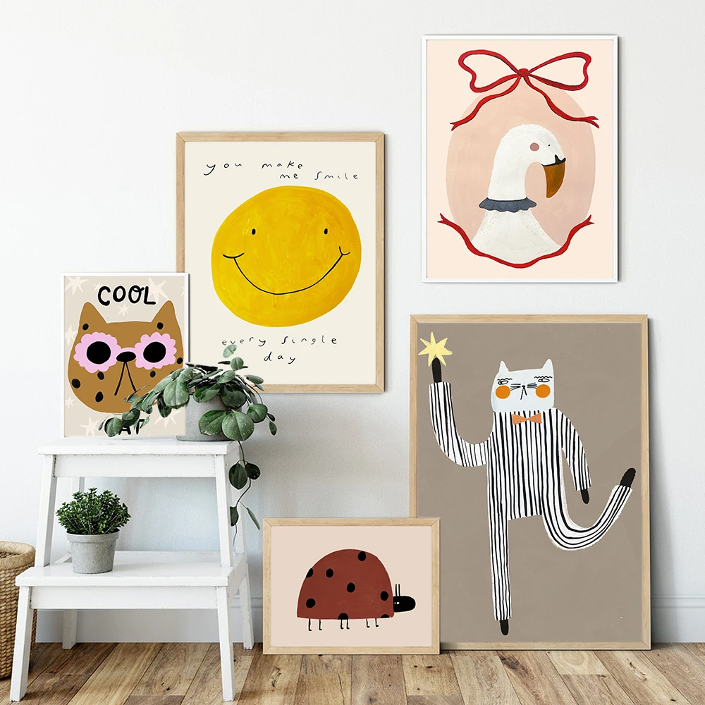 Unframe Cartoon Swan Ladybugs Bear Cat Wall Art Canvas Painting Nordic Animal Posters And Prints Wall Pictures Baby Kids Room De