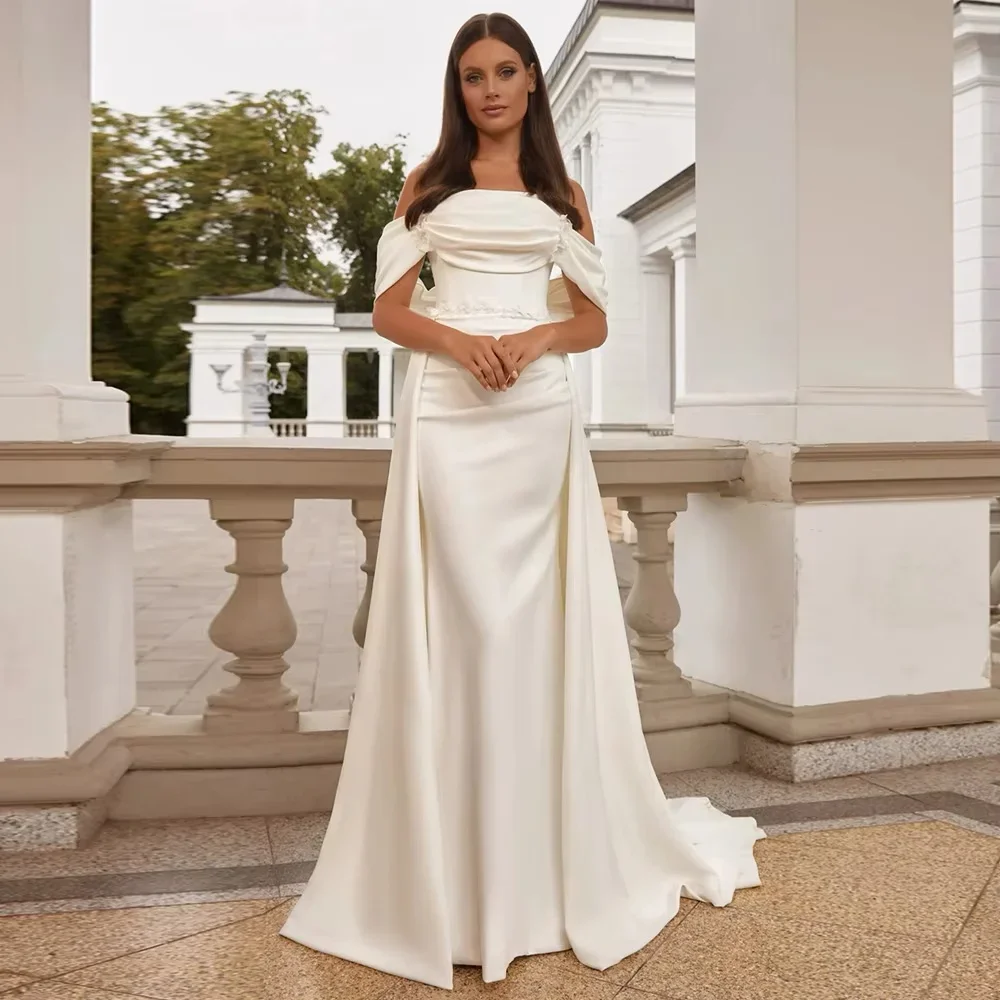 

2025 Wedding Dresses with Detachable Train Customized Off The Shoulder Strapless Pleat Flower Belt Satin Robe De Mariee