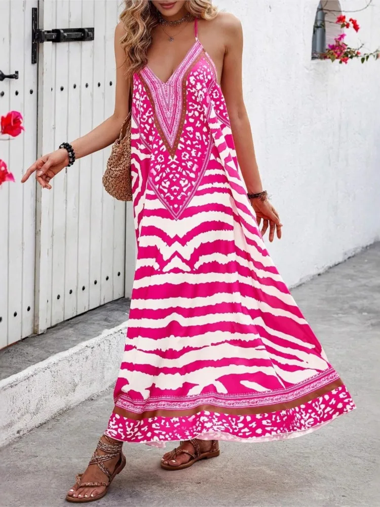 Vestido estampado con espalda descubierta y cuello Halter para mujer, moda de verano, elegante, informal, holgado, para vacaciones en la playa, fiesta, bata para mujer