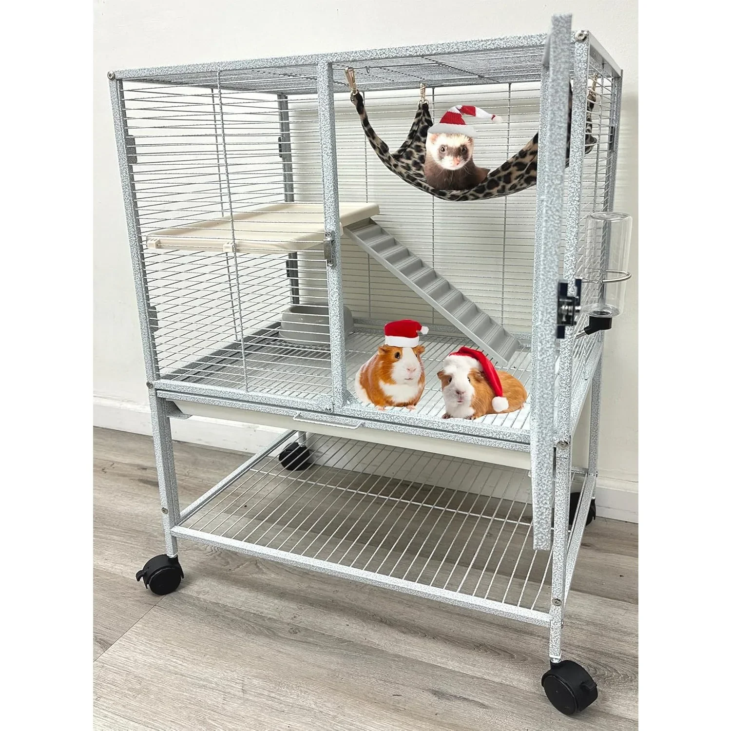 

Two Tiers Small Animal Cage Tight 1/2-Inch Bar Spacing for Feisty Ferret Play Rat Mice Rabbit Sugar Glider with Rolling Stand