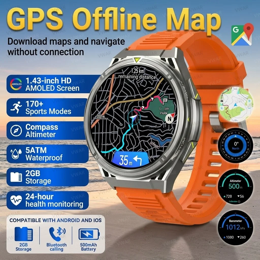 

2026 New GPS Position Smart Watch Men Outdoor Compass Altimeter 2GB Memory Offline Map 5ATM Waterproof Bluetooth Call Smartwatch