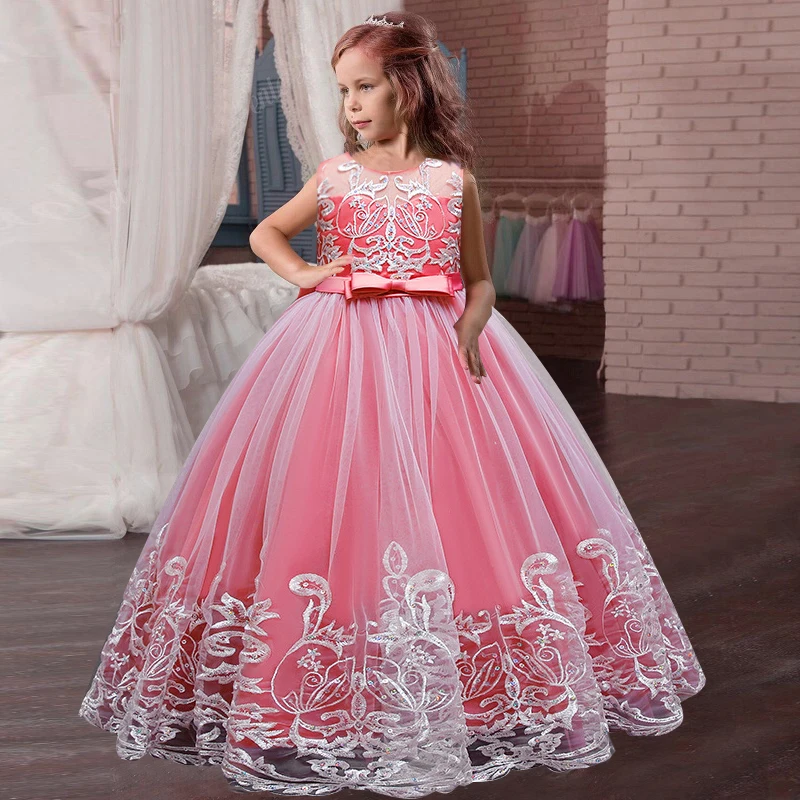 2-10 years old girl wedding bridesmaids group embroidery lace long dress new crepe Lace Beaded ball dinner dress girl baby