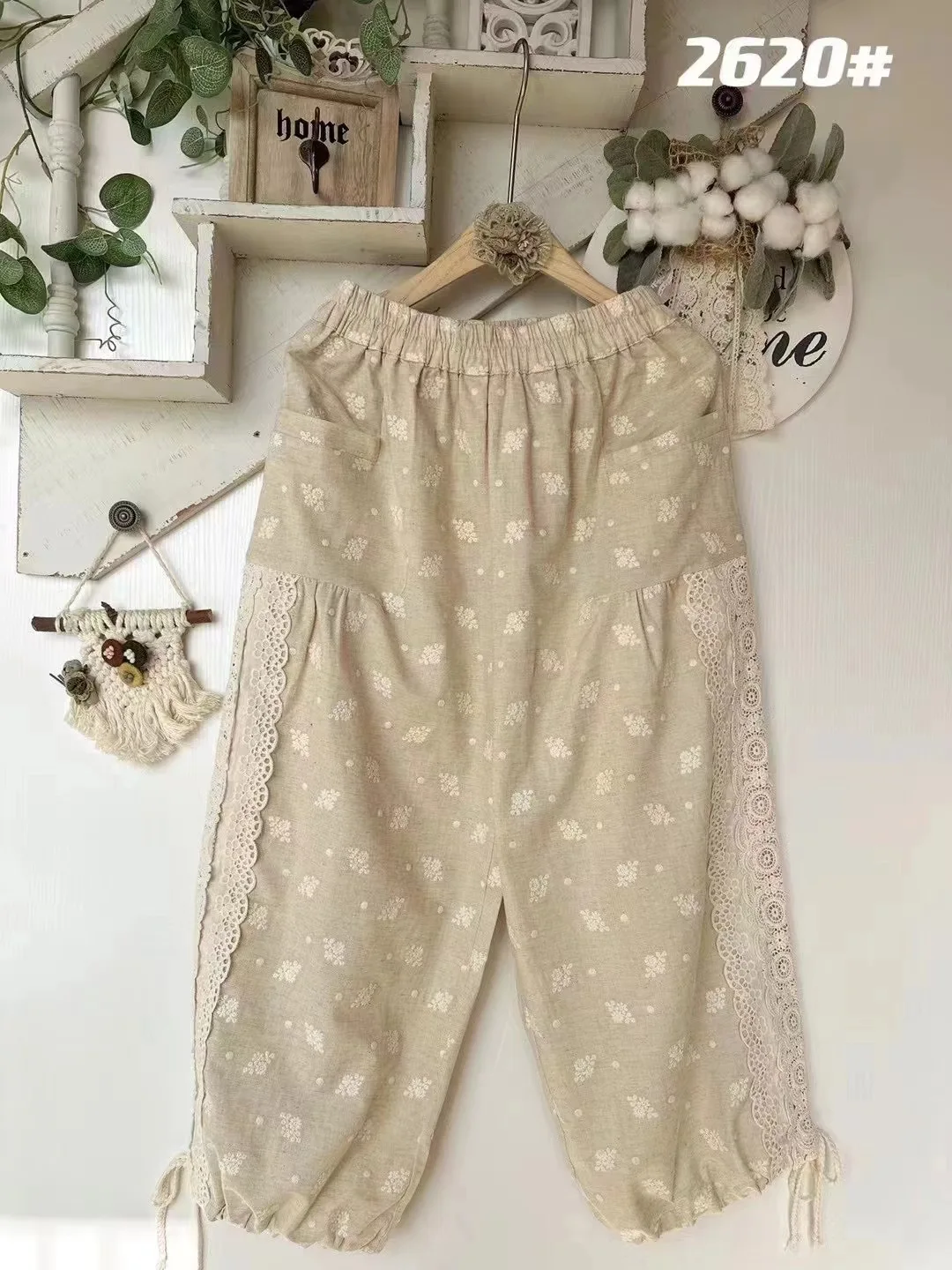 New Summer Cotton Linen Straight Pants, Women Elastic Waist Lace Print Trouser, Mori Girl Sweet Retro Pants, 2024 Fall B47847QC