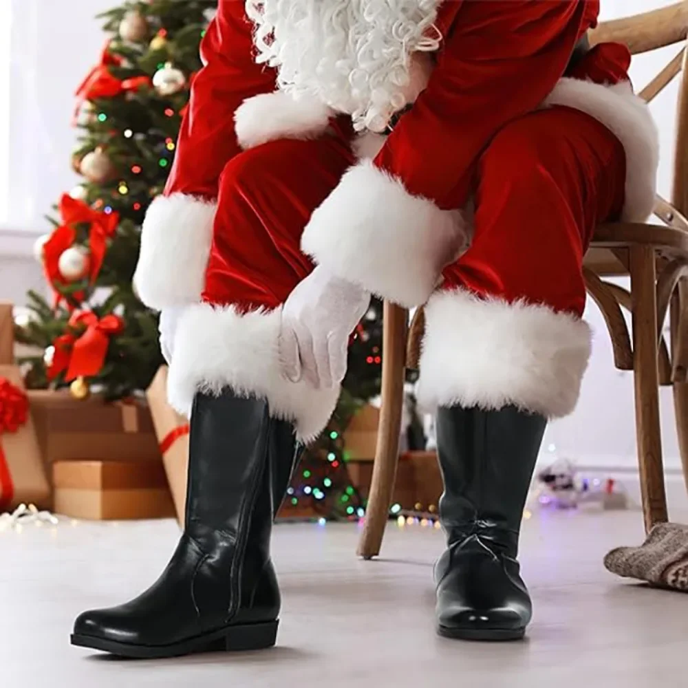 2026 ano novo vermelho preto sapatos de couro branco punhos de pelúcia pé halloween natal botas de inverno natal papai noel botas homens cosplay