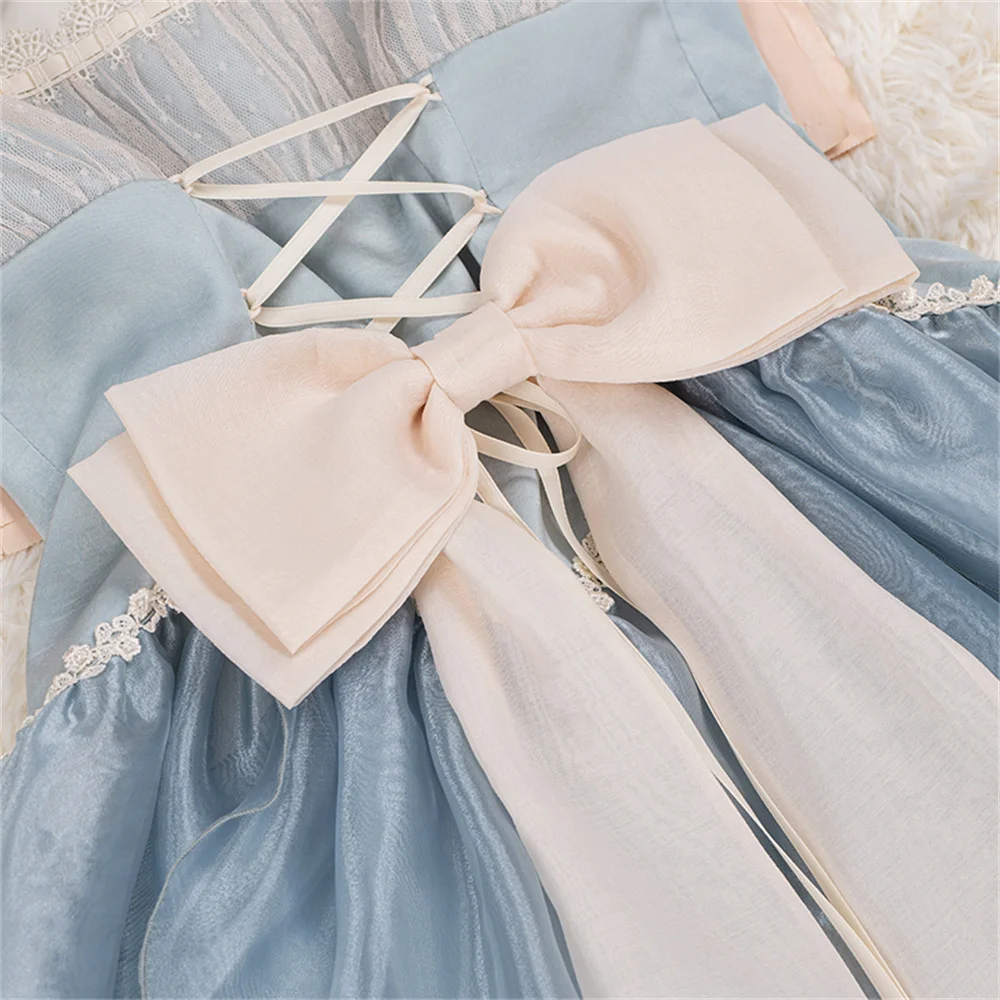 Sweet Girls Blue Bell Orchid manica a sbuffo a vita alta Lolita Dress Kawaii Woman Bowknot Lace Spring Cute Vestidos Cos Lolita Jsk