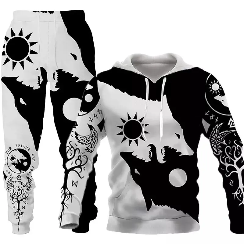 

New Wolf Hoodie Pullover 3D Printed Pants Suit Male Autumn Casual Sweatshirt Men Tracksuit Set Fashion Men's Clothing Suit