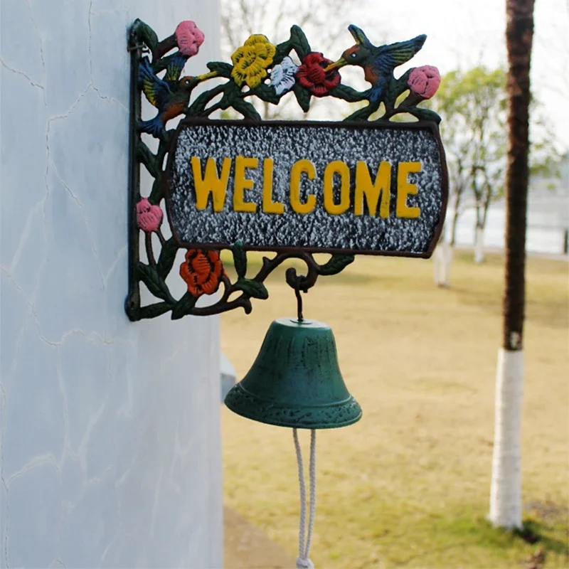 Hummingbird Flowers Wall Mounted Hand Cranking Door Bell Hand Colored Vintage Green Yellow With Welcome Signs On Double-sided