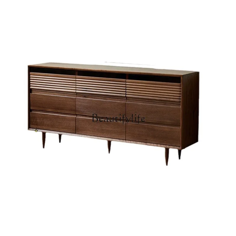 

All solid wood nine-chest cabinet, black walnut Nordic retro living room storage, drawer side cabinet