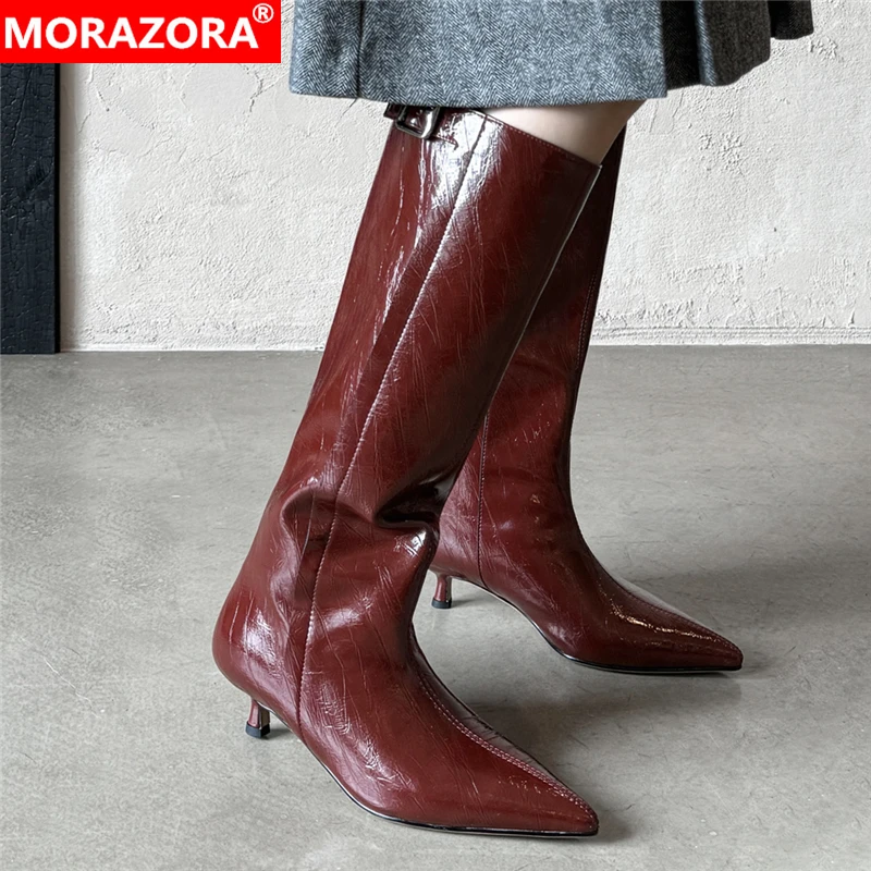 

MORAZORA Size 34-41 Genuine Leather Boots Women Pointed Toe High Heels Autumn Winter Knee High Boots Fashion Office Dress Shoes