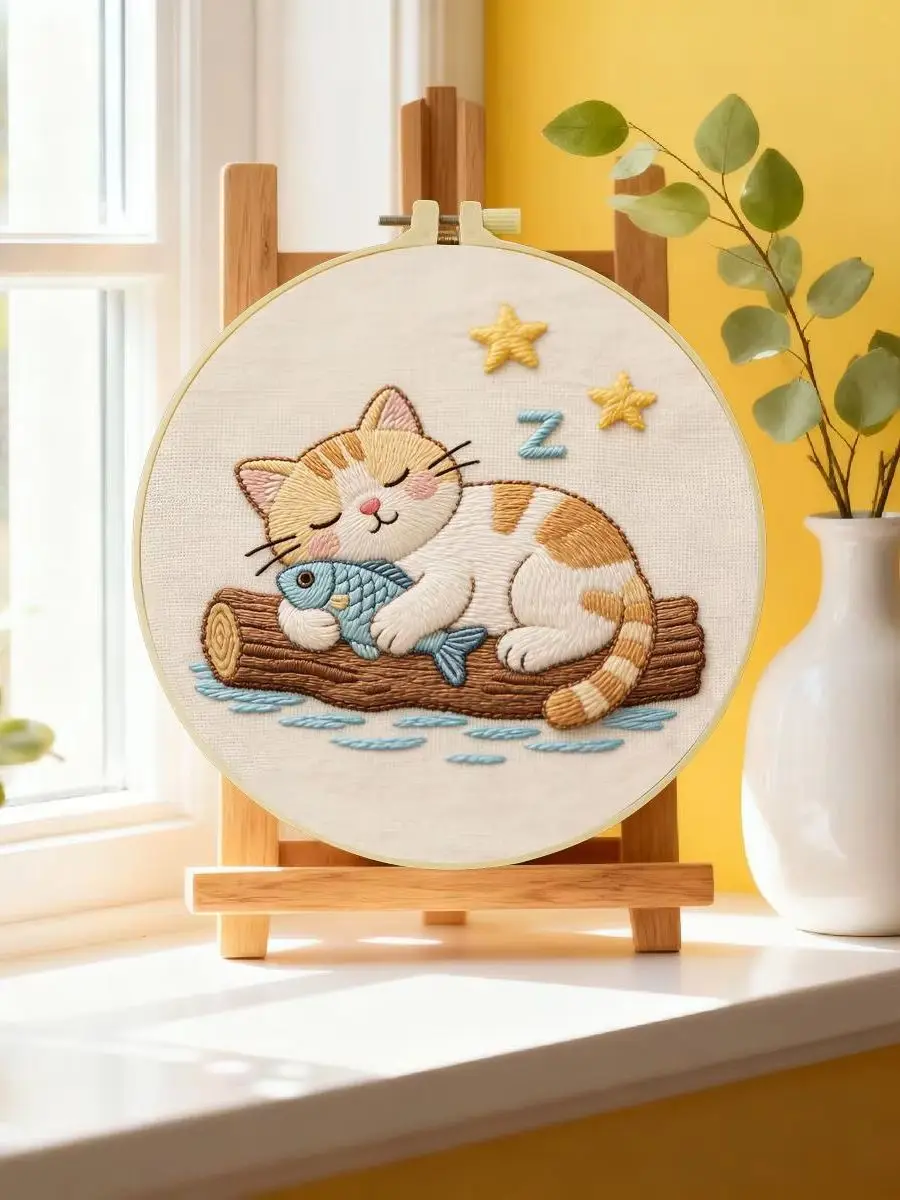 1 Stück 20X20CM/15X15CM 7,87/6,3 Zoll Schlafendes Kätzchen Stickerei-Starter-Kit DIY-Kit DIY-Stickerei-Kit Handarbeiten Nadelkunst – Detail 6