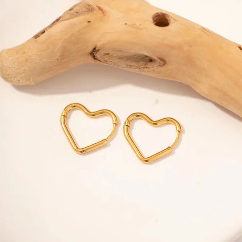 2pcs Fashion Gold Color Stainless Steel Heart Earrings Studs For Women Girl, Simple Punk Hoop Earrings Piercing Jewelry Gift