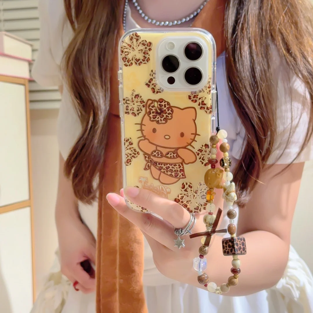 Vintage lindo leopardo Bikini Hello Kitty pulsera accesorio funda de teléfono para iPhone 16 E 15 14 13 Pro Max Y2K cubierta ﻿ ﻿