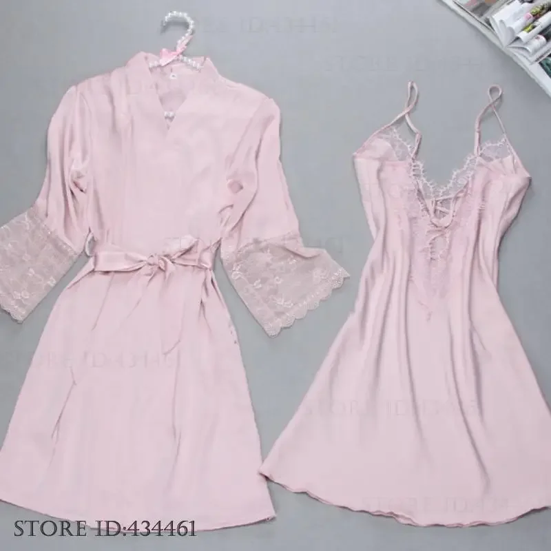 

Новый летний женский комплект-двойной халат, пижамный комплект, сексуальная лоскутная кружевная ночная рубашка, домашний халат, свободная шелковая атласная одежда для дома, нижнее белье