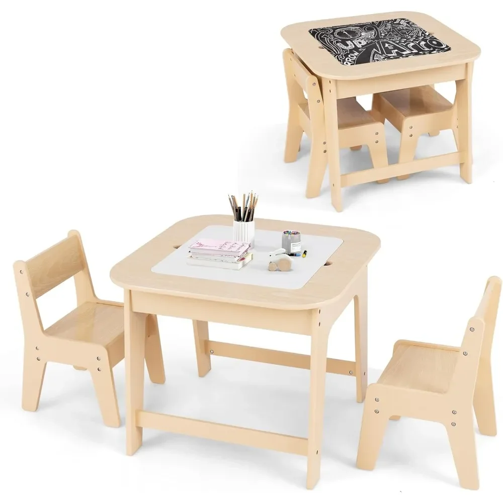 Kids Table and Chair Set, 3 in 1 Wooden Activity Table with Removable Tabletop