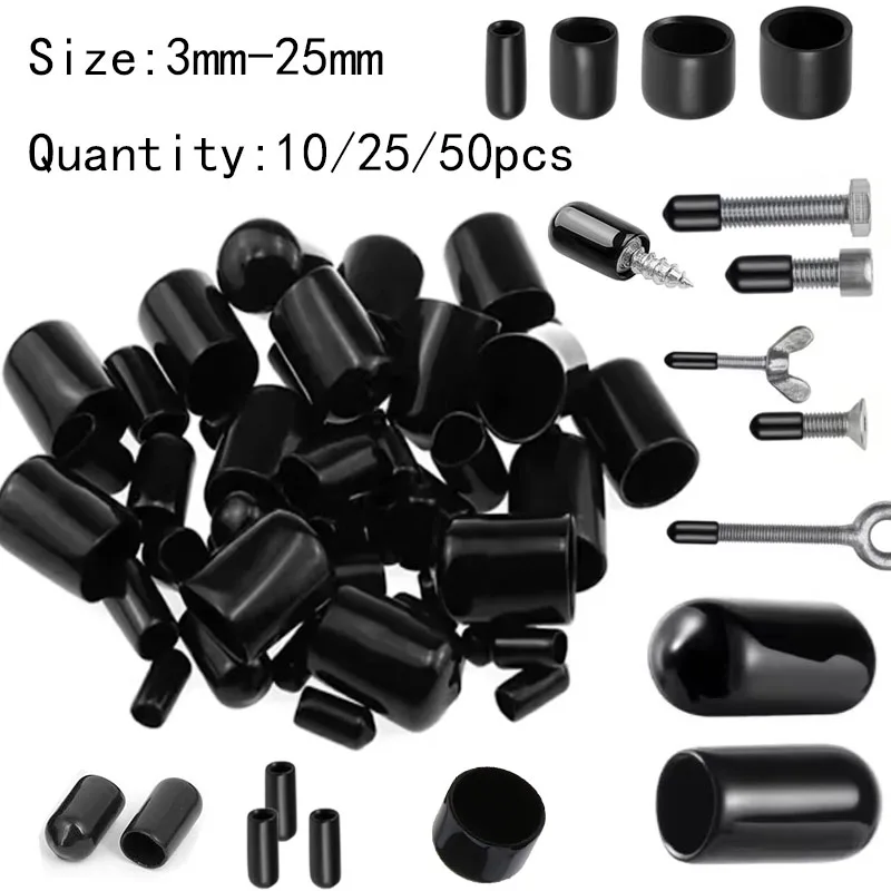 10-50pcs PVC Rubber End Caps Kit, 3-25mm Threaded Pipe Caps, Vinyl Protector for Steel Plastic Pipe, Round Plug Cover