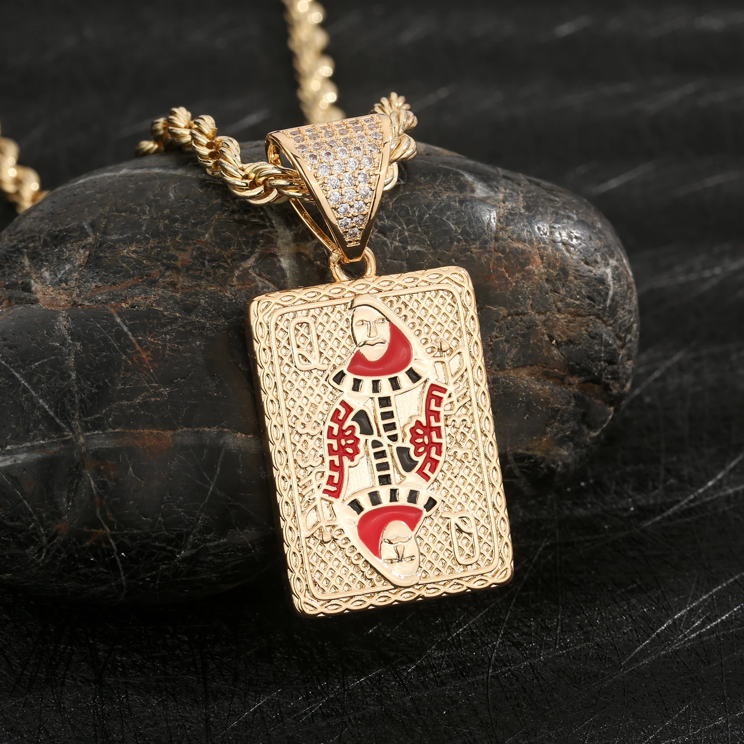 Exquisite Creative Poker Q Zircon Pendant Stainless Steel 3mm Tennis Chain Men's Fashion Casual Party Jewelry Holiday Gift