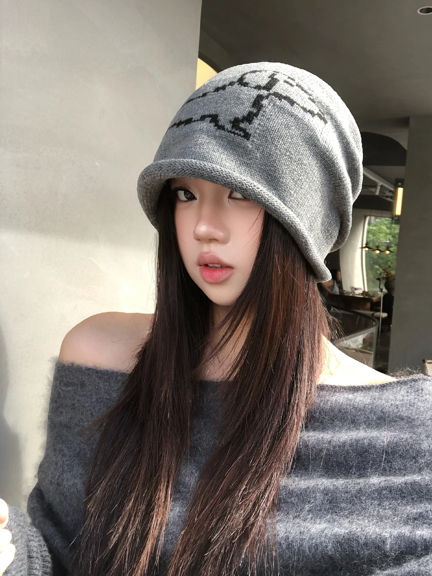 American Style Grey Cartoon Pixel Dog Ear Cold Cap Women's Autumn New Large Head Circumference Face Slimming Pile Hat