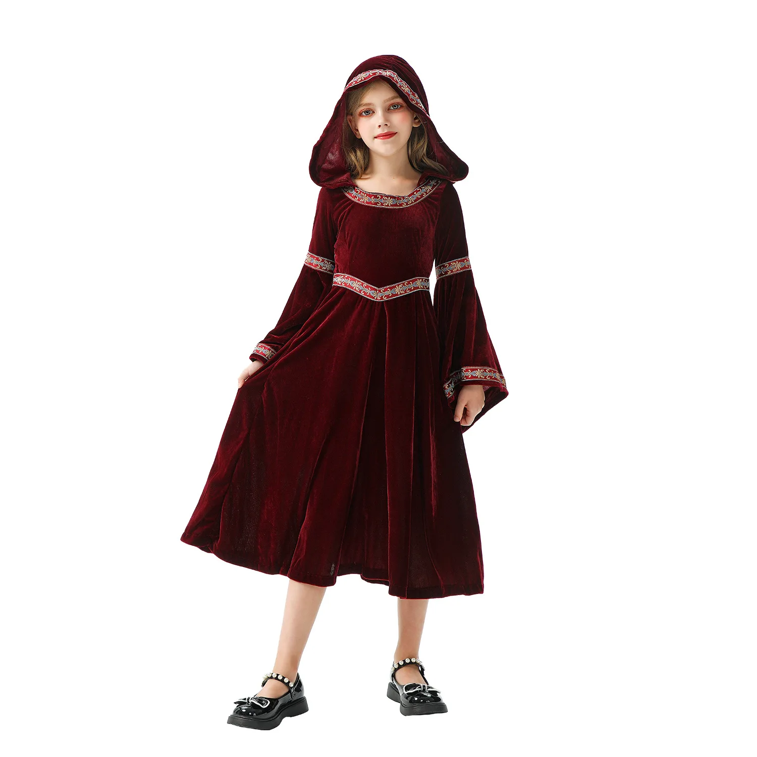 أزياء الهالوين للأطفال أزياء المحكمة العتيقة للأطفال أزياء تنكرية للساحرة ذات الرداء الأحمر للفتيات في القرون الوسطى وعصر النهضة