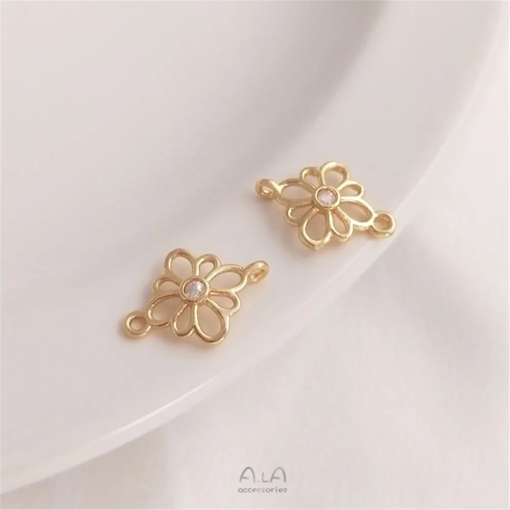 Copo de nieve de circón de Color dorado de 14K, flor de ciruelo, conector colgante doble, pulsera, collar, accesorios DIY hechos a mano