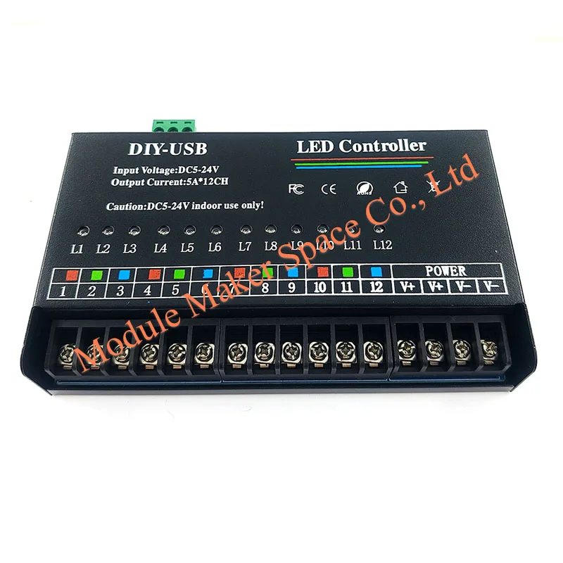 DIY-USB 12-Channel Programmable LED Controller for Single Color Strips Supports Marquee, Water Flow, Flash Effects 5V/12V Dimmer