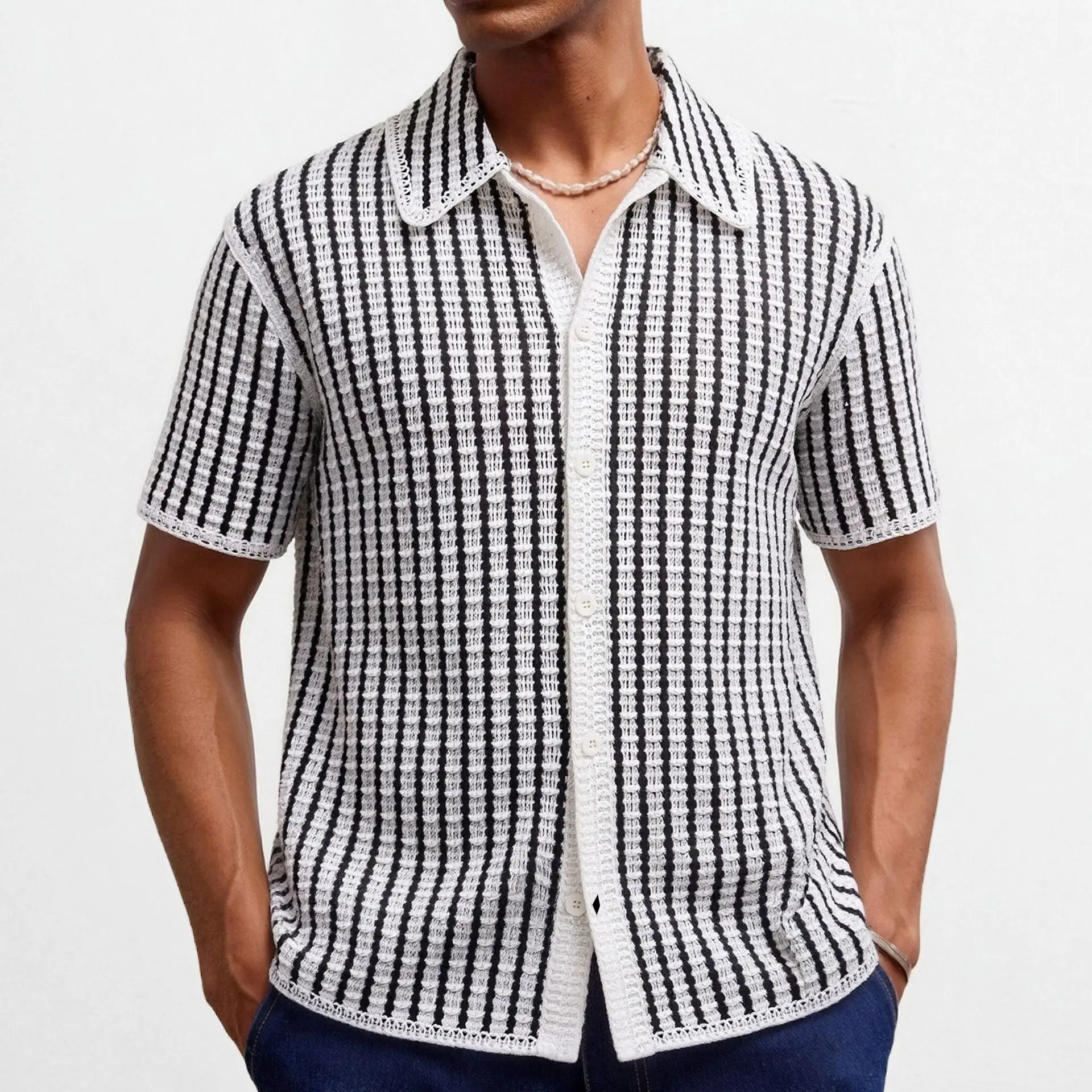 Men's European & American Style Luxury Fashion Striped Openwork Knit Sweater Summer Short Sleeve Casual Pullover Polo Shirts Top
