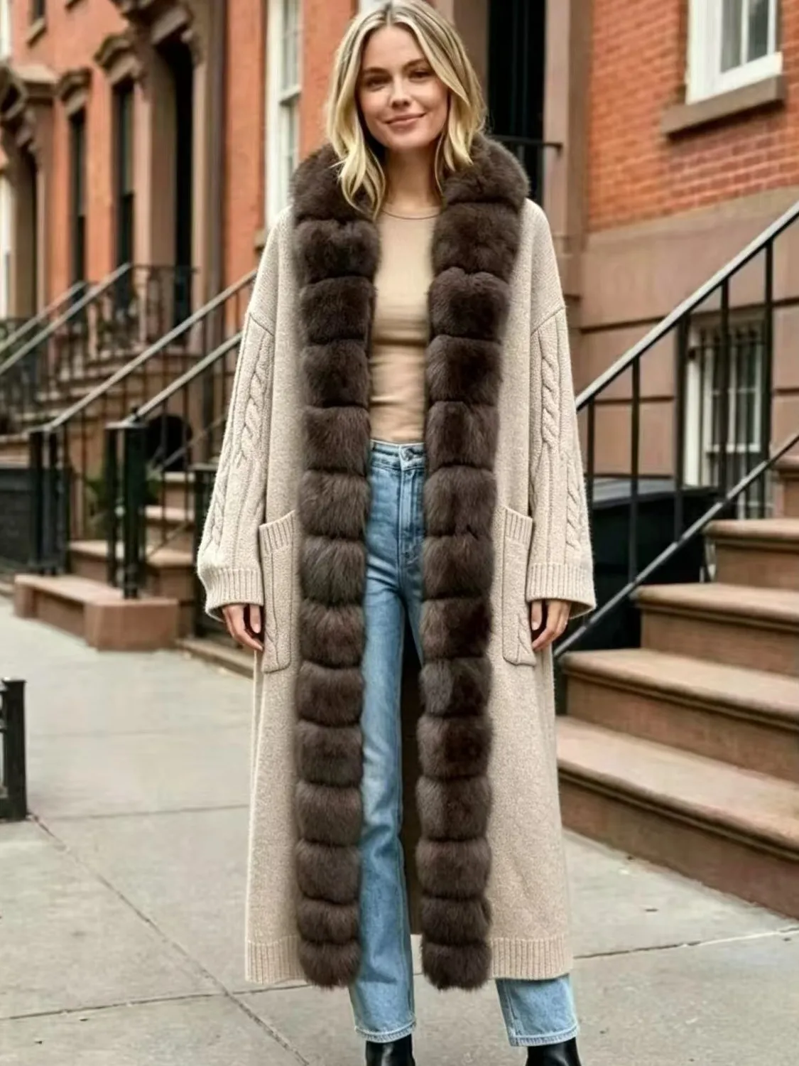 New Luxury Winter Real Natural Fox Fur Collar Woolen Blends Knit Long Overcoats Women Loose Warmth Cashmere Fur Jacket