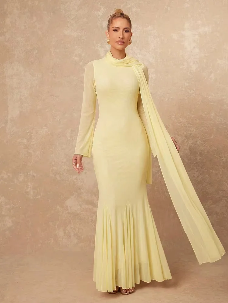 Modest long‑sleeve floor‑length evening gown with pleated draping fabric, simple and elegant cut. Custom sizes & plus size avail