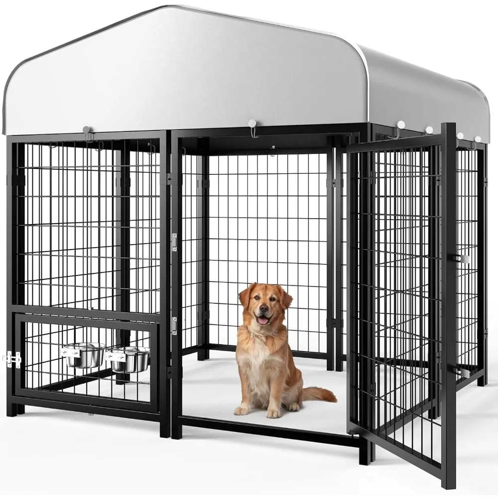 

Dog Kennel Pen Outside Outdoor Dog Run with Roof, Swivel Feeders/Removable Doggy Door Allow Connecting Your Dog House