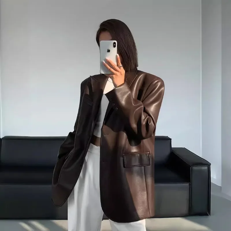 

Женский пиджак из искусственной кожи, осень-зима 2021, новый свободный маленький пиджак с высокой текстурой