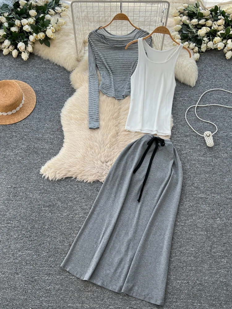 

Korean Loose Casual Tee-Piece Set Women's Svel Vest Thin Long Sve Striped Top f Skirt Faionable Lightweight A...
