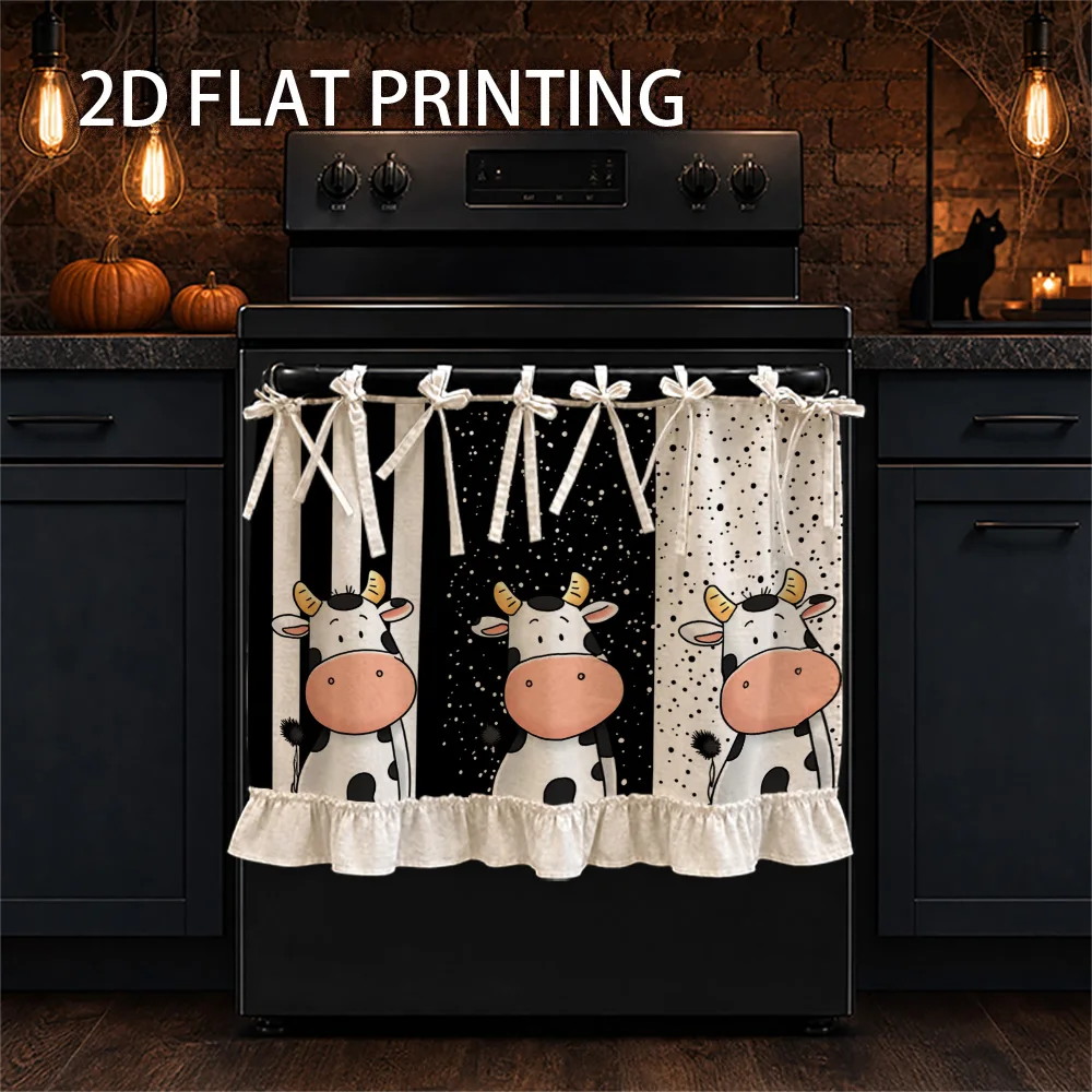 1PC kitchen stove curtain, cabinet curtain and apron. Featuring a 2D graphic design with a cute cow print, stripes and polka dot