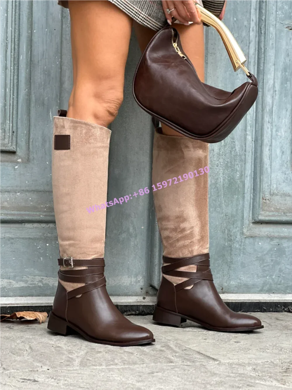 Botas de tacón grueso con correa en el tobillo, color marrón y beige, estilo patchwork, botas altas hasta la rodilla para invierno, zapatos de mujer de alta calidad, modernos y concisos.