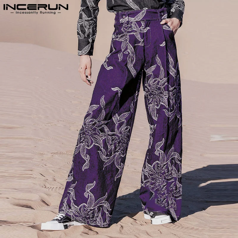 INCERUN 2024 Korean Style Trousers Men's Fashion Flower Printed Wide Leg Pants Casual City Walk Male Hot Selling Pantalons S-5XL